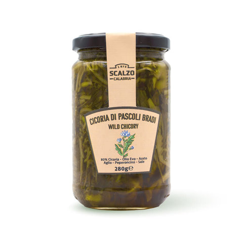 Vaso frontale di Cicoria di Pascoli Bradi Scalzo Calabria, conservata sott'olio extra vergine d'oliva con peperoncino e aglio. Formato 280 grammi.