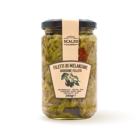 Vaso frontale da 280 grammi di Filetti di Melanzane Scalzo Calabria, preparati con melanzane fresche e conservati in olio extra vergine d'oliva.