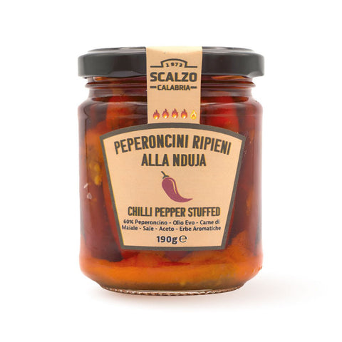 Retro del vaso da 190 grammi di Peperoncino Ripieno alla 'Nduja Scalzo Calabria, con lista ingredienti e valori nutrizionali.