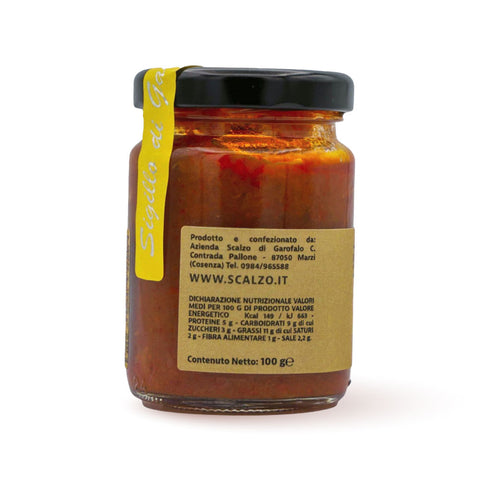 Retro del vaso da 90 grammi di Sugo alla 'Nduja Scalzo Calabria, con valori nutrizionali.